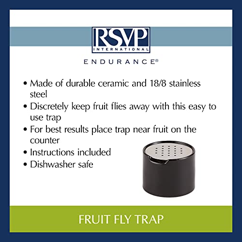 RSVP Reusable Ceramic Fruit Fly Trap for Indoors – Kitchen Fly Catcher Jar with Stainless Steel Vent Lid, Eco-Friendly & Dishwasher Safe Design, Uses Natural Vinegar Bait (Black)