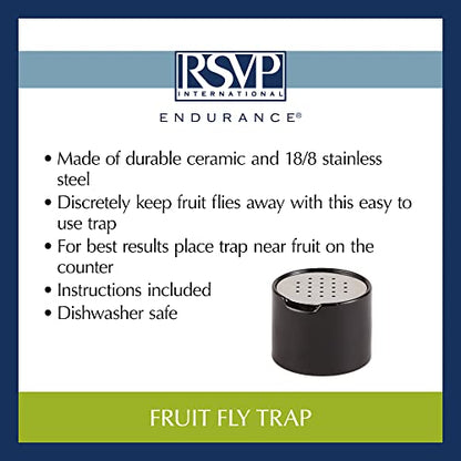 RSVP Reusable Ceramic Fruit Fly Trap for Indoors – Kitchen Fly Catcher Jar with Stainless Steel Vent Lid, Eco-Friendly & Dishwasher Safe Design, Uses Natural Vinegar Bait (Black)