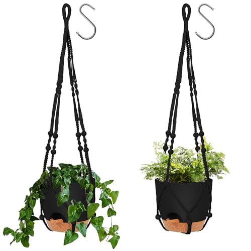 GARDIFE 8 Inch Hanging Planters with Macrame Plant Hanger for Indoor and Outdoor Plants, 2 Pack Large Self Watering Hanging Plant Pot with Basket Flower Pot with Drainage Hole, Black - color: 8-black, size: 8 inch|2 pcs