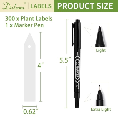 Dalzom® 300Pcs 4" Plant Labels with Marker Pen, Waterproof Plastic Plant Tags for Outdoor Seedlings Vegetable Garden Signs Markers Label Stakes (White) - color: White