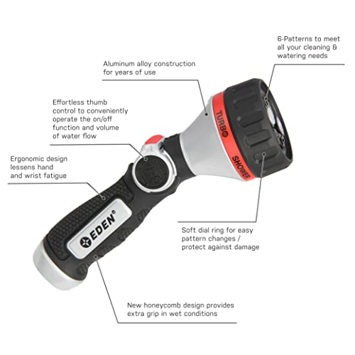 Eden Metal Straight 6-Pattern Hose Nozzle: Thumb Operated, Cyclonic Turbo - style: Straight Thumb Control