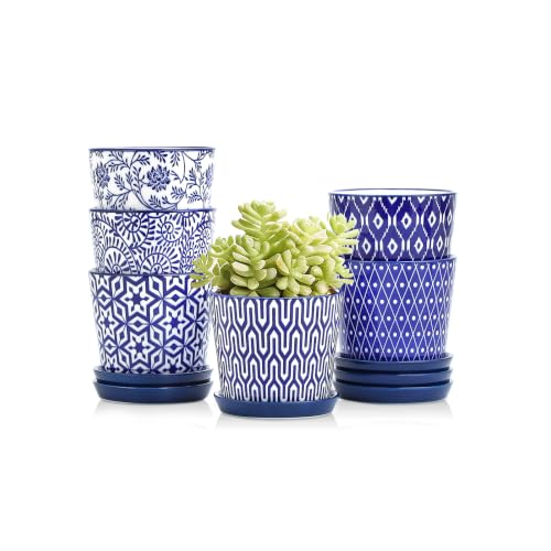 Selamica Ceramic Succulent Pots, 3.4 Inch Small Pots for Plants with Drainage Holes and Saucers, Home Decor, Set of 6, Vintage Blue - color: Vintage Blue, size: 3.4 Inch, Set of 6