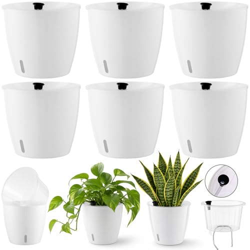 Upgraded Self Watering Pots for Indoor Plants, 6-Pack 6.7 Inch Top-Fill Self Watering Planter with Water Window, Orchid Pots, Clear Wick Inner Basket with Drainage, White - color: White, size: 6.7 Inch/6 Packs