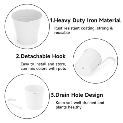KINGLAKE Flower Pots,10 Pcs Metal Iron Hanging Flower Plant Pot Balcony Garden Plant Planter Baskets Fence Bucket Pots 6.3'' Flower Holders with Detachable Hook White - color: White, size: 6.3 Inch