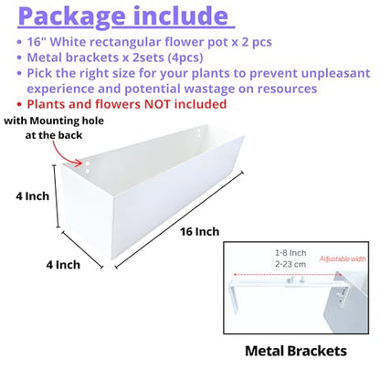 LaLaGreen Planter Boxes Outdoor (16 Inch, 2 Pack) White Metal Rectangular Railing Flower Box with Brackets, Deck Railings Planters for Plants Fence Balcony Patio Porch Modern Garden Decor Over Rail - size: 16" x 2 Pack