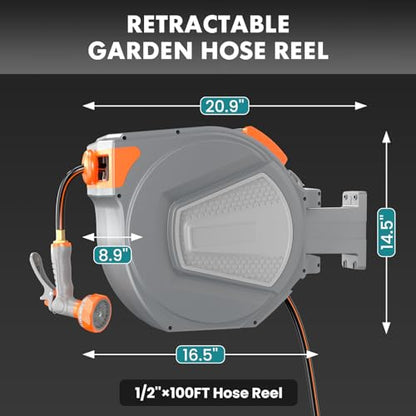 OLIXIS Retractable Garden Hose Reel, 1/2'' x 100 ft Water Hose with Nozzle - size: 1/2" x 100 FT