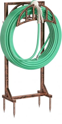 YQSLYSF Garden Hose Holder, Water Hose Stand with 4 Stake and 2 Tool Hooks, Heavy-Duty Metal Hose Storage Holds 150Ft, Freestanding Hose Hanger Rack for Outside, Yard, Lawn, Farm（Antique Bronze）