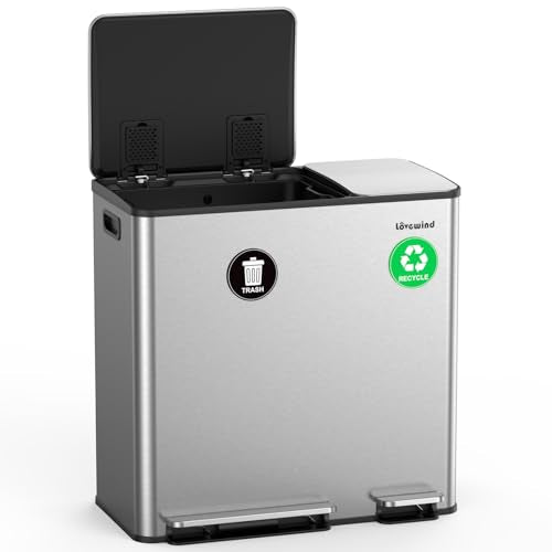 Lovewind Dual Trash Can, 14 + 6 Gallon Garbage Can for Kitchen Dual Compartment Recycling Kitchen Step Trash Bin, Stainless Steel Trash and Recycle Bin Combo with Soft-Close Lid, Silver - color: Silver, size: 14 + 6 Gallon