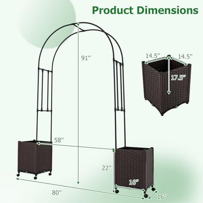 BECOMFORT 91”H Garden Arch Trellis with with 2 Self-Watering Planter Box, PE-Coated Metal Arbor with Lockable Wheels for Climbing Plants Outdoor Wedding Garden Party Backdrop & Flower Support - size: 80“Lx16"Wx91”H