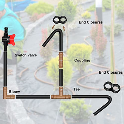Outus 68 Pcs 1/2 Inch Drip Irrigation Fittings Drip Irrigation Fitting Kit Switch Tee Coupling Elbow and End Cap Plastic Plug Drip Irrigation Connector for Compatible Drip or Sprinkler System
