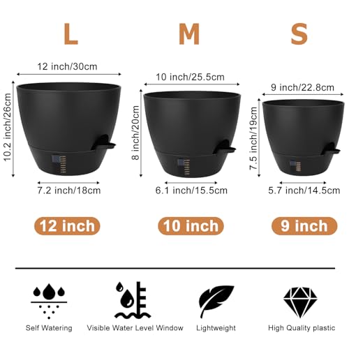 QRRICA 9/10/12 Inch Self Watering Pots for Indoor & Outdoor Plants - color: Pure Black, size: 12/10/9 Inch