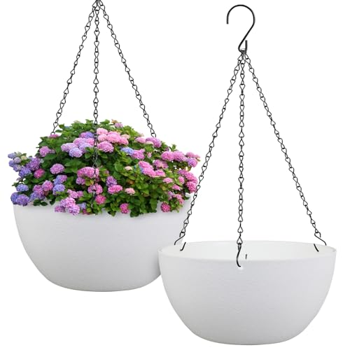 Meowell 12 inch Large Hanging Planters for Indoor Outdoor Plants, 2 Pack Hanging Flower Pots with Drainage Holes and Chain for Garden Porch, Plastic Hanging Baskets for House Plants, White - color: White, size: 12inch 2pcs
