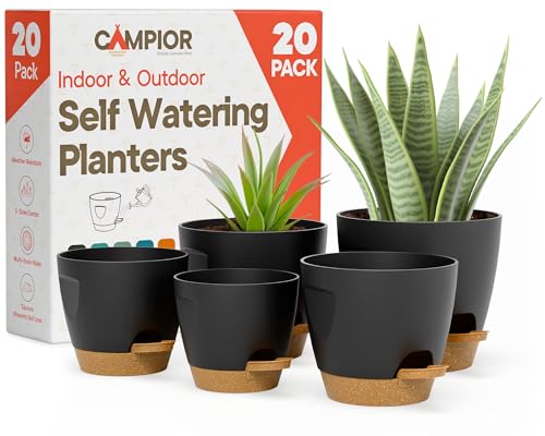 Black Self Watering Pots 20 Pack, Indoor and Outdoor Plant Pots with Wick Rope & Drainage Holes, Easy Watering Lip, Lightweight Plastic Self Watering Planter for Succulents, Houseplants, and Herbs - color: Black, size: Pack of 20