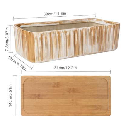 Succulent Pots, 12'' Long Rectangle Planters with Tray, Windowsill Planter - color: Wooden Pattern