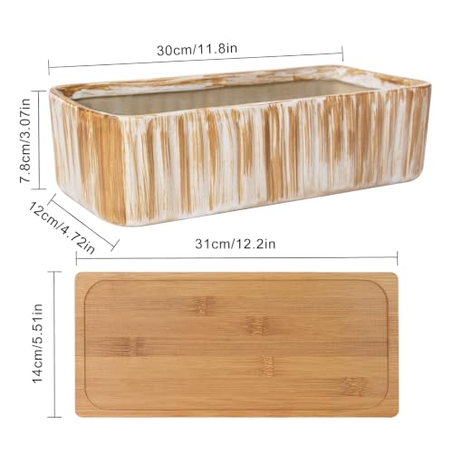 Succulent Pots, 12'' Long Rectangle Planters with Tray, Windowsill Planter - color: Wooden Pattern