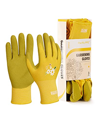 PACIFIC PPE 3 Pairs Gardening Gloves for women, Rubber Coated Garden Gloves, Ladies Yard Work Gloves, Breathable, Yellow, Medium - color: Yellow, size: Medium (Pack of 3)