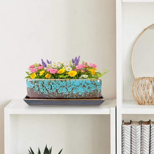 Succulent Pots - Long Rectangle Succulent Planters with Drainage Tray - color: Blue