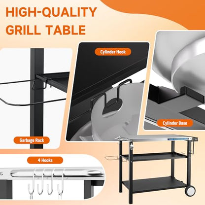 Grill Table, Stainless Steel Grill Cart with Three-Shelf, Movable Pizza Oven Table with Side Tray ＆ Trash Bag Holder, Outdoor Grill Stand with Hooks for Food Prep, Outside Tailgating, Camping - color: Stainless