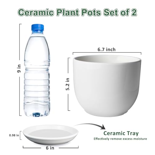 Ceramic Plant Pots, White, 6.7 Inch, 2 Pack - size: 6.7 Inch 2 Pcs