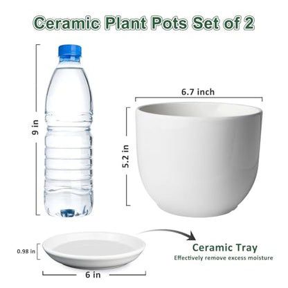 Ceramic Plant Pots, White, 6.7 Inch, 2 Pack - size: 6.7 Inch 2 Pcs