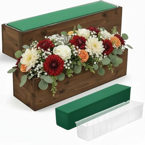 Dandat 2 Set Wood Boxes for Centerpieces 16x4 Inch Rectangle Wooden Planter Box Rustic Wooden Planters with Removable Plastic Liner Floral Foam Blocks for Christmas Wedding Home Garden Decor(Brown) - color: Brown, size: 16 x 4 Inch