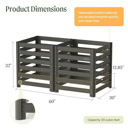 Vego Garden Compost Bin Outdoor, 32" Tall Modular Composting Bin 60" x 30" x 32" (250 Gallons), All Metal Heavy-Duty Outdoor Composter - size: 60" x 30" x 32"
