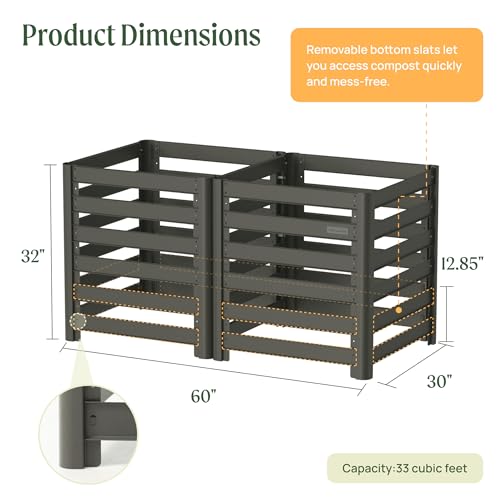 Vego Garden Compost Bin Outdoor, 32" Tall Modular Composting Bin 60" x 30" x 32" (250 Gallons), All Metal Heavy-Duty Outdoor Composter - size: 60" x 30" x 32"