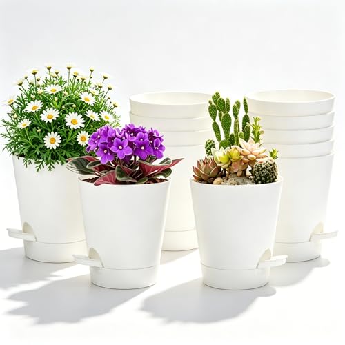 12 Pack 4 Inch African Violet Pots Self Watering, Self-Watering Planters with Drainage Holes & Reservoir, White Plastic Pots for Indoor Outdoor Plants, Succulents & Flowers - color: White, size: 4 inch 12pcs