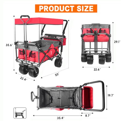 Foldable Wagon with Removable Canopy & Cooler Bag - Heavy Duty Collapsible Wagon Utility Cart with 4" All-Terrain Wheels for Camping, Beach, Garden - color: Red
