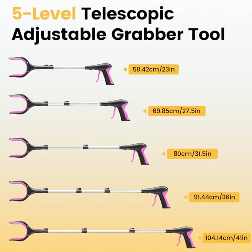 Telescopic Grabber Reacher Tool, 5-Level Adjustable Length (23'' to 41'') - Trash Claw Gripper, Pickup Stick for Litter Picking, Yard Work, and Seniors (Pink-2PC) - color: Pink-2pc