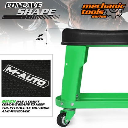 M-AUTO Heavy Duty Garage Rolling Work Seat 300LBS Capacity Mechanics Stool with Wheels, Equipment Tray and Tool Rack, Rectangle Mechanic Roll Chair, Green - color: Green