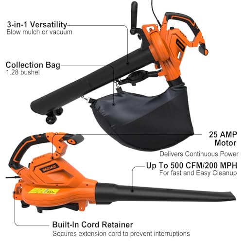 GARCARE 3-in-1 Electric Leaf Blower Leaf Vacuum and Mulcher 500 CFM 200 MPH