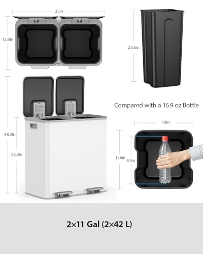 Lovewind Dual Trash and Recycling Bins for Kitchen, 2 * 11-Gallon Stainless Steel Double Trash Can, Step-On Garbage and Recycle Combo, Quiet Close, Pet-Proof, Compatible with 13-Gallon Bags, White - color: White, size: 2 x 11 Gallon