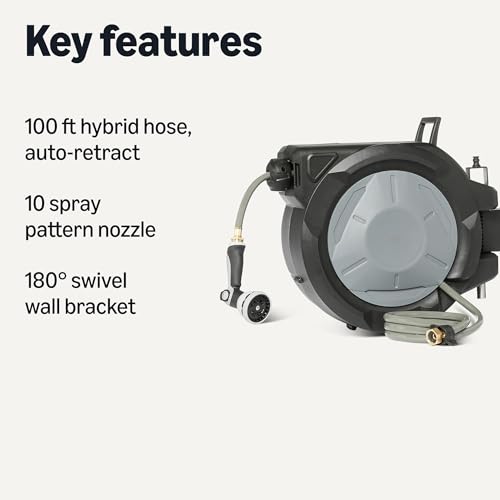 Amazon Basics Retractable Garden Hose Reel, 100 Foot, Wall Mounted, 10-Pattern Spray Nozzle, 180° Swivel Bracket - size: 100ft