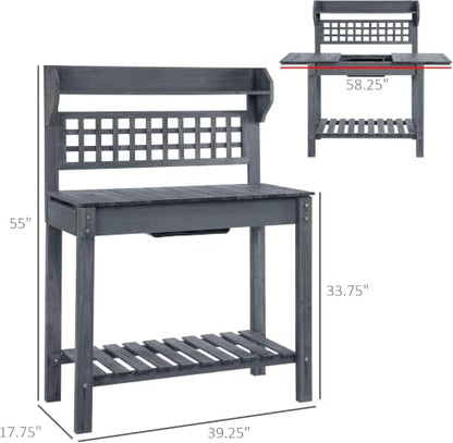 39" Wooden Garden Potting Bench Work Table with Sliding Tabletop, Dry Sink, Hidden Storage, Upper Shelf & Bottom Shelf, Gray