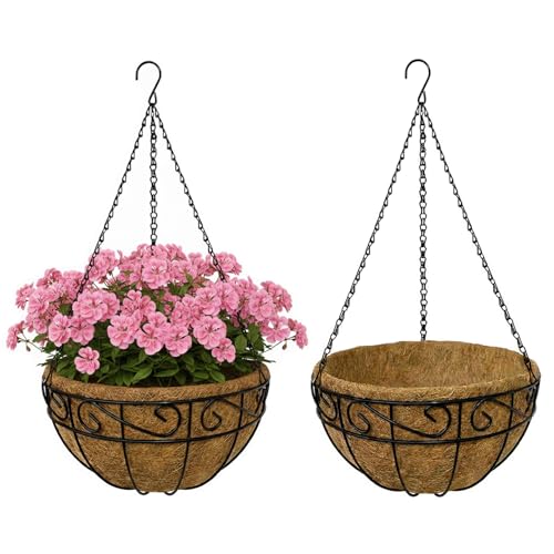 12 Inch Hanging Baskets for Plants Outdoor, 2 Pack Metal Wire Hanging Planters with Coco Coir Liners, Rust-Resistant Flower Basket with Chains & Hooks for Garden Patio Porch Deck Balcony - size: 12IN-2PCS, style: Flower Border
