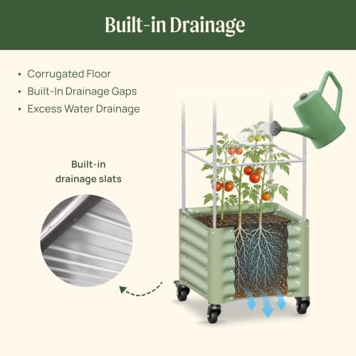 Vego garden Classic Rolling Cube Tomato Planter with Metal Cage & Wheels, 30 Gallon Rolling Planter for Tomatoes, Peppers & Beans, 21" x 21" x 19", 54" Plant Support Cage-Pearl White - color: Pearl White