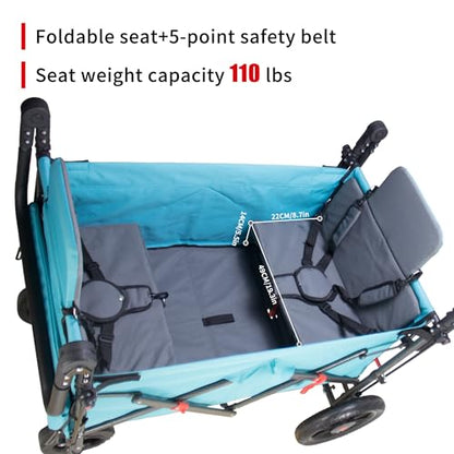 TMZ Collapsible Wagon with 2 Foldable Seats, Folding Wagon with Canopy, Multi Functional Cart with Adjustable Handle Bar, Front Expandable for Transport Camping (Turquoise/Grey) - color: Turquoise/Grey
