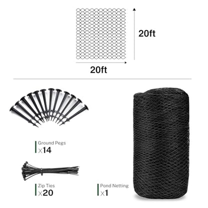 20 x 20Ft Pond Netting for Koi Ponds, Koi Pond Net Cover, Durable & Sturdy Pond Netting Cover for Leaves, Protect Koi Fish Against Herons, Raccoons, Cats & Predators, 14pcs Stakes Included - size: 20 × 20 ft