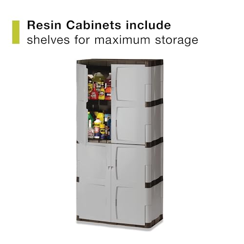 Rubbermaid Freestanding Storage Cabinet Five Shelf with Double Doors Lockable Large 690-Pound Capacity Gray For Garage/Outdoor Garden Tools/Toys/Power Tools/Pool Accessories Grey - size: Large