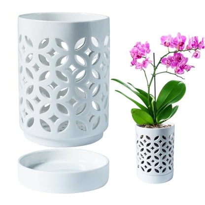 Orchid Pot with Holes & Saucers, Ceramic Pots for Repotting, Breathable Slotted Orchid Pots Flower Plant Nursery Pot White 4 Inch - color: White Coin