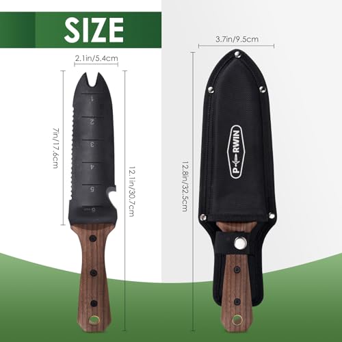 PERWIN Hori Hori Garden Knife, Garden Tools with Sheath for Weeding, Planting, Digging, 7" Stainless Steel Blade with Cutting Edge, Full-Tang Walnut Wood Handle with Hanging Hole - size: 7"