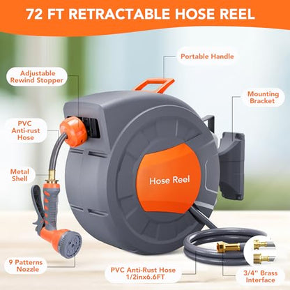 GAOMON Retractable Garden Hose Reel - 1/2 in x 72 ft, Wall Mounted, 9-Function Sprayer, Any Length Lock, 180° Swivel, Automatic Slow Rewind - size: 72FT