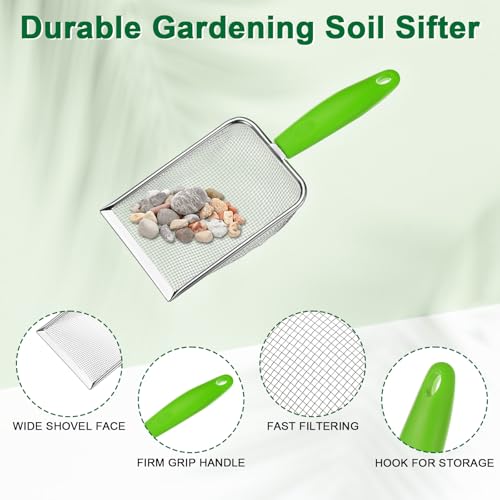 M METERXITY 1-Pack Gardening Soil Sifter, 2 mm Mesh Stainless Steel Portable Gardening Sifter with Plastic Handle for Sand/Dirt/Rock Compost [White, Green] - color: White, Green, size: 2X2mm