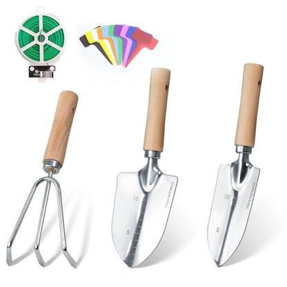 Garden Tool Set, 3 Pieces Gardening Kit with Garden Plant Twist Tie and Plastic Plant Tag, Stainless Steel Heavy Duty Garden Tools with Wooden Handle, Gardening Gifts for Women - style: 3PC(Trowel&Transplanter&Cultivator)