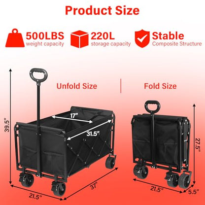Collapsible Wagons Carts Foldable, 500LBS Heavy Duty Wagon Cart Foldable - color: Red