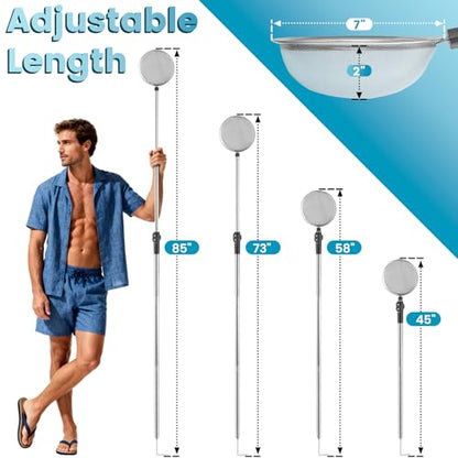 Pool Cleaning Net with Pole, 45-85" Adjustable Stainless Steel Pool Skimmer Net with Fine Mesh & Hook Pool Leaf Skimmer for Removing Leaves, Bugs & Debris