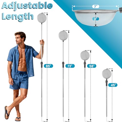 Pool Cleaning Net with Pole, 45-85" Adjustable Stainless Steel Pool Skimmer Net with Fine Mesh & Hook Pool Leaf Skimmer for Removing Leaves, Bugs & Debris