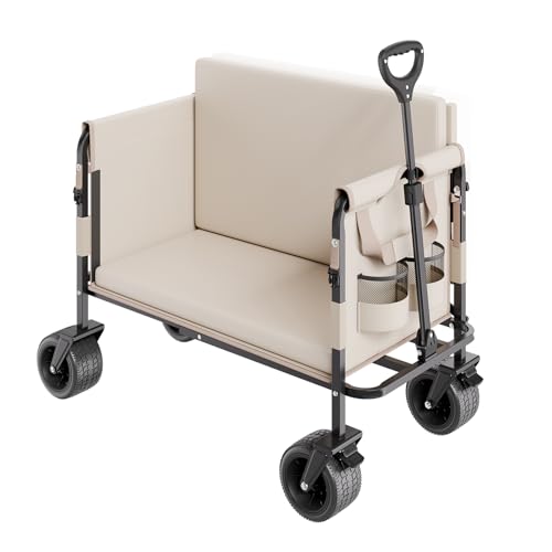 VEVOR 3-in-1 550lbs/220L Large Collapsible Folding Wagon, Convert to Bench, Foldable Beach Wagon with Wheels for Sand, Outdoor Utility Wagon for Groceries, Camping, Sports, Shopping - color: Khaki