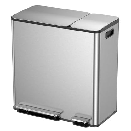 Lovewind Double Trash Can Kitchen, 13+5.5 Gallon Stainless Steel Dual Trash and Recycle Bin Combo with Silent Close Lid, Heavy-Duty Foot Pedal, Easy to Clean Garbage Can for Large Families, Silver - color: Silver, size: 13+5.5 Gallon